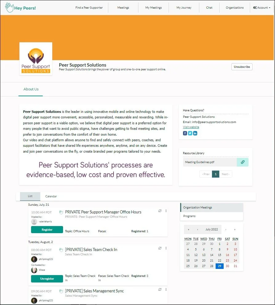 Example of an organization landing page on HeyPeers